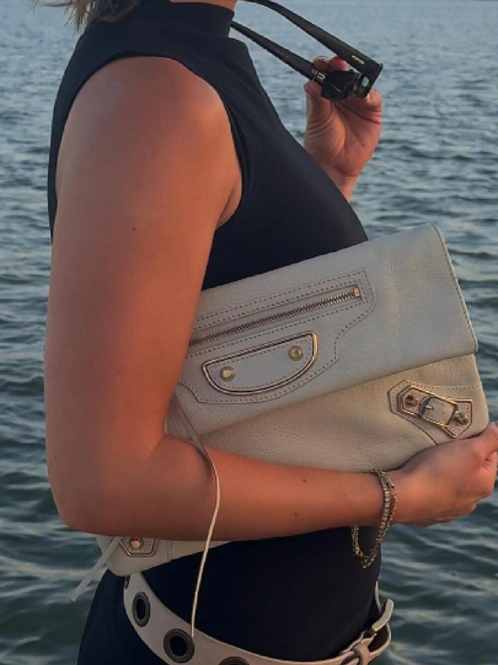 2009 Vintage Balenciaga Off-White Leather City Clutch Bag Gold Hardware Italy